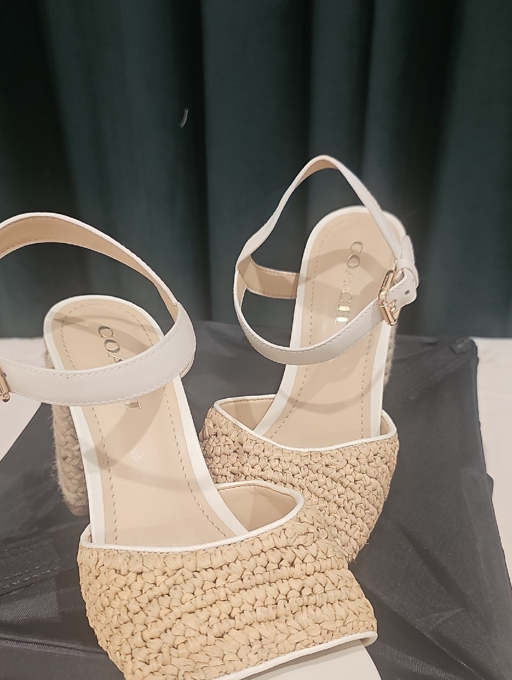 Coach Cream Leather & Natural Raffia Sandals